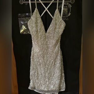 Primavera White and Silver Embellished Prom Dress